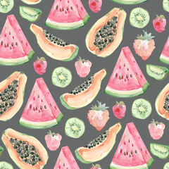 Watercolor  cute seamless pattern baby tropical fruits. Hand painted exotic coctails on white background. Watermelon, strawberry, papaya, summer tropical print for the textile fabric und wallpaper 