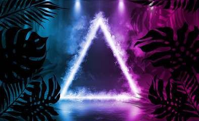 Fototapeta premium Background of empty dark scenes with neon lights and shapes, smoke. Silhouettes of tropical palm leaves in the foreground. Bright futuristic abstract background
