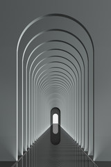 3d rendering arc rhythm hallway with LED strip light in grey color tone