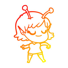 warm gradient line drawing smiling alien girl cartoon
