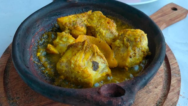 close up of traditional moroccan dish called Tanjia . Marrakech food . cuisine of Morocco