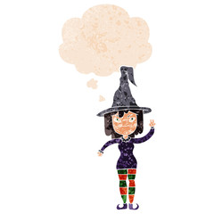 cartoon witch and thought bubble in retro textured style