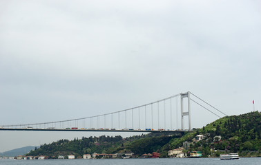 traffic problems and traffic jam on the Bosphorus Bridge or 15 July Martyrs Bridge in Istanbul