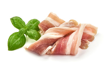 Salted bacon slices, pork lard, close-up, isolated on white background