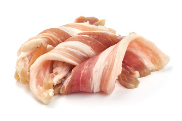 Salted bacon slices, pork lard, close-up, isolated on white background