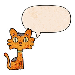 cartoon cat and speech bubble in retro texture style