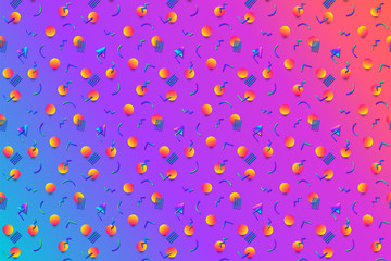 Abstract background with 80s memphis geometics style pattern and vibrant psychedelic colors