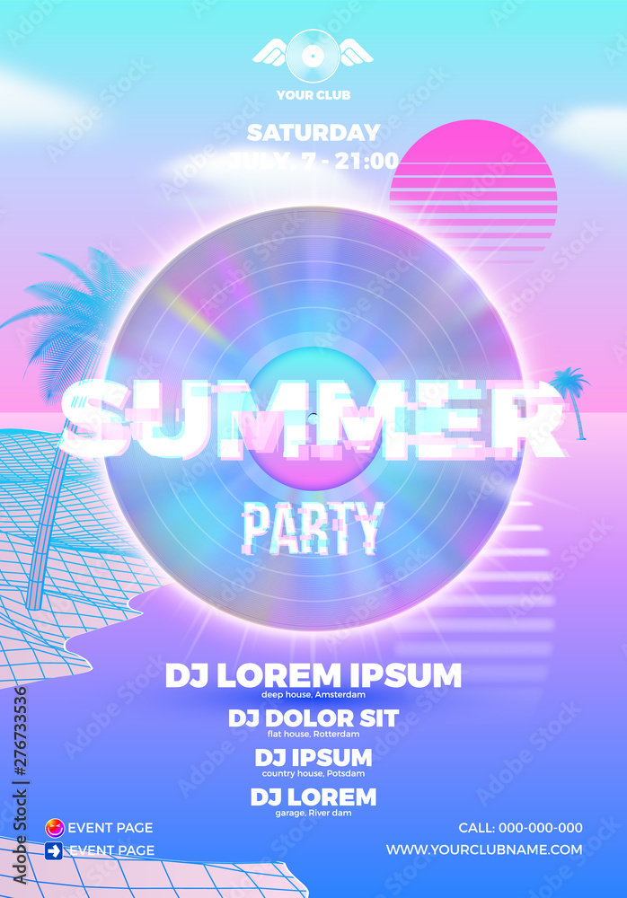 Poster beach party poster for clubbing dance event with vaporwave, 80s retro or synth wave style and palm t