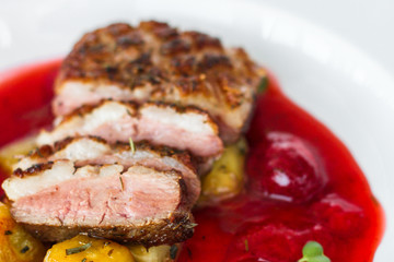 duck breast and berry sauce (fine dining) bon appetit. top food background. copy space