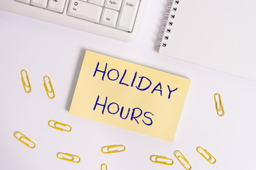 Conceptual hand writing showing Holiday Hours. Concept meaning employee receives twice their normal pay for all hours