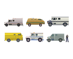 Armored money carrier vehicle vector bank van transport car side view illustration armor set of minivan truck with security man in bulletproof security guard character isolated on white background