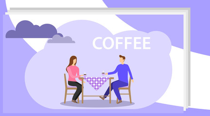 A man and a woman are drinking coffee at a table. People drink coffee in a cafe while sitting at the table. Vector illustration