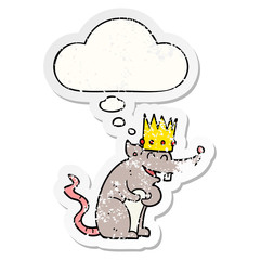 cartoon rat king laughing and thought bubble as a distressed worn sticker