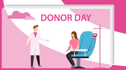 Donor Day. A woman donates blood on the day of the donor. Woman volunteer donates blood. Vector illustration