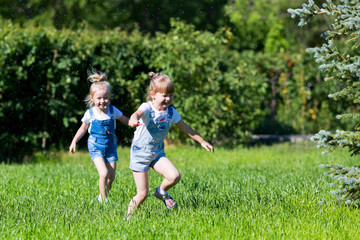 Naklejka na ściany i meble Children run on the green grass holding hands. Girls running around the lawn with grass playing with splashes water to water the plants.