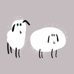 Cute funny sheep, flock of sheep, cartoon character, hand-drawn in vector