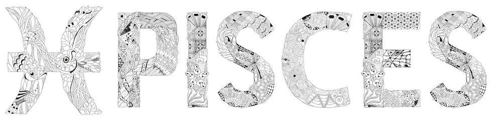 PISCES zodiac sign cute cartoon character retro zentangle stylized in vector for coloring