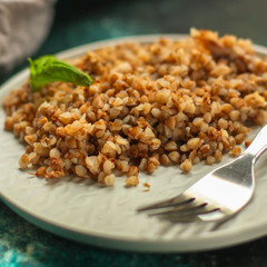 buckwheat porridge (a portion of healthy and tasty food) bon appetit. top food background. copy space