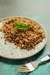 buckwheat porridge (a portion of healthy and tasty food) bon appetit. top food background. copy space