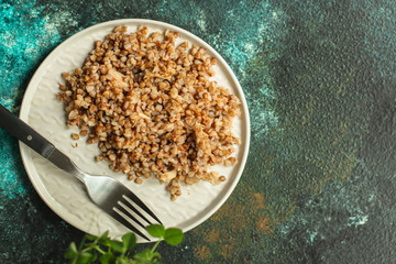 buckwheat porridge (a portion of healthy and tasty food) bon appetit. top food background. copy space