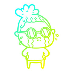 cold gradient line drawing cartoon crying woman wearing sunglasses