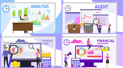 Obraz premium Financial analysis, audit of an enterprise, mini people conduct financial audits. Vector illustration