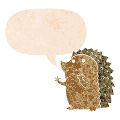 cartoon hedgehog and speech bubble in retro textured style
