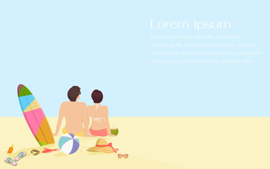 Young man and woman on holidays or honeymoon. Romantic couple sitting together on beach with summer items. Flat design vector illustration in cartoon style.