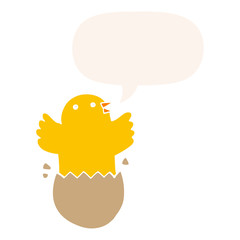 cartoon hatching bird and speech bubble in retro style
