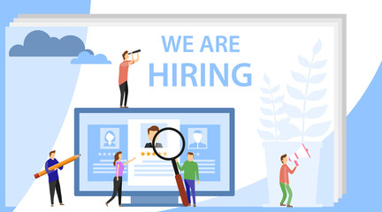 Recruitment, job interview concept landing page. Recruitment concept for web page, banner, presentation, social media. Vacancy flat people characters HR managers website template.