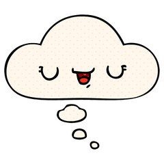 happy cartoon expression and thought bubble in comic book style