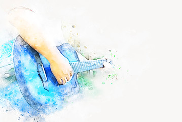 Abstract beautiful man playing acoustic Guitar in the foreground on Watercolor painting background and Digital illustration brush to art.
