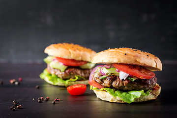 Big sandwich - hamburger burger with beef,  tomato,  red onion and lettuce.