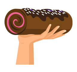 Hands offers sweetness with cake vector arm holding chocolate confectionery sweet confection seduction, no diet. not healthy junk food. Dessert bakery illustration set of hand hold sweets on white