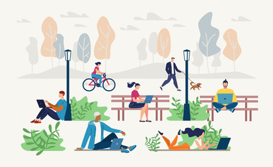People Networking in City Park Flat Vector Concept