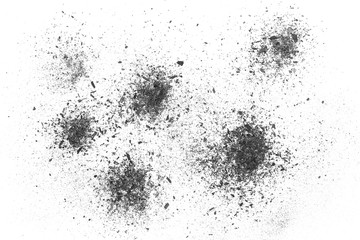 Black charcoal dust, gunpowder isolated on white background and texture, top view