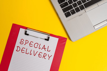 Conceptual hand writing showing Special Delivery. Concept meaning getting products or service directly to your home any place Part view metallic laptop clipboard paper sheet colored background