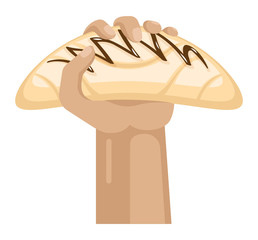 Hands offers sweetness with cake vector arm holding chocolate confectionery sweet confection seduction, no diet. not healthy junk food. Dessert bakery illustration set of hand hold sweets on white