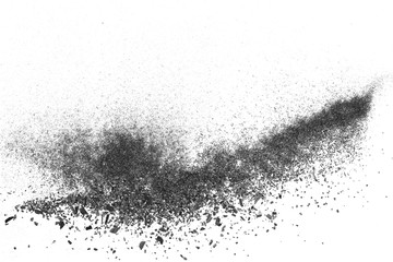 Black charcoal dust, gunpowder isolated on white background and texture, top view