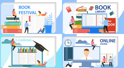 Online education, online courses, online library. The concept of a book festival. Vector illustration of a learning