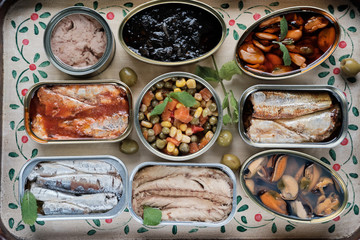 Variety of canned food