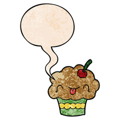 funny cartoon cupcake and speech bubble in retro texture style