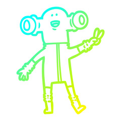 cold gradient line drawing friendly cartoon alien giving peace sign