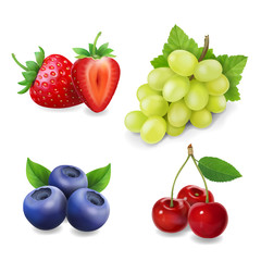 Sweet berry collection. Grape, strawberry, blueberry. cherry Realistic illustration vector icon set