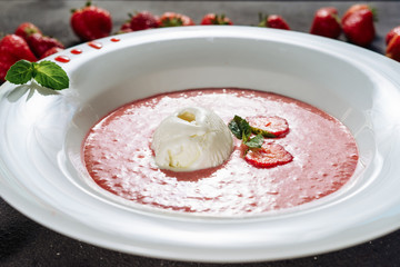 Strawberry Gazpacho Summer Meal with Ice Cream. Frosty Breakfast Creamy Soup Dessert Made of Blended Natural Red Berries in Ceramic Plate Decorated Green Leaves. Cool Classic Spanish Cuisine Closeup