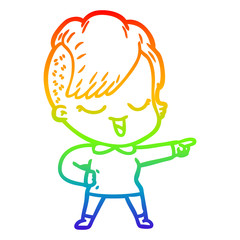 rainbow gradient line drawing happy cartoon girl pointing