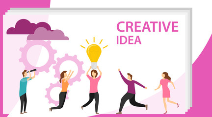 Creative idea. People are having fun with a new business idea. A woman holds a light bulb above her head.