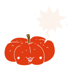 cartoon pumpkin and speech bubble in retro style