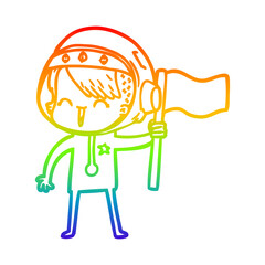 rainbow gradient line drawing happy cartoon space girl holding flag