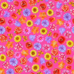 Seamless floral pattern on pink background. Different bright flowers.